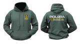 dark green hoodie featuring the Italian Police N.O.C.S. (Nucleo Operativo Centrale di Sicurezza) insignia with a small left-chest emblem, a front kangaroo pocket, and a large back print showing POLIZIA and the N.O.C.S. tactical unit logo.