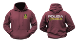 maroon hoodie featuring the Italian Police N.O.C.S. (Nucleo Operativo Centrale di Sicurezza) insignia with a small left-chest emblem, a front kangaroo pocket, and a large back print showing POLIZIA and the N.O.C.S. tactical unit logo.