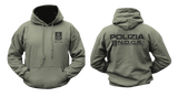 millitary green hoodie featuring the Italian Police N.O.C.S. (Nucleo Operativo Centrale di Sicurezza) insignia with a small left-chest emblem, a front kangaroo pocket, and a large back print showing POLIZIA and the N.O.C.S. tactical unit logo.