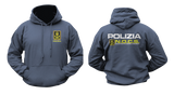 navy hoodie featuring the Italian Police N.O.C.S. (Nucleo Operativo Centrale di Sicurezza) insignia with a small left-chest emblem, a front kangaroo pocket, and a large back print showing POLIZIA and the N.O.C.S. tactical unit logo.