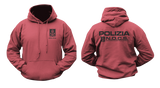 red hoodie featuring the Italian Police N.O.C.S. (Nucleo Operativo Centrale di Sicurezza) insignia with a small left-chest emblem, a front kangaroo pocket, and a large back print showing POLIZIA and the N.O.C.S. tactical unit logo.