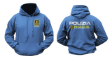 royal blue hoodie featuring the Italian Police N.O.C.S. (Nucleo Operativo Centrale di Sicurezza) insignia with a small left-chest emblem, a front kangaroo pocket, and a large back print showing POLIZIA and the N.O.C.S. tactical unit logo.