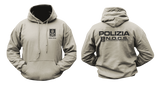 khaki hoodie featuring the Italian Police N.O.C.S. (Nucleo Operativo Centrale di Sicurezza) insignia with a small left-chest emblem, a front kangaroo pocket, and a large back print showing POLIZIA and the N.O.C.S. tactical unit logo.