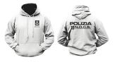 white hoodie featuring the Italian Police N.O.C.S. (Nucleo Operativo Centrale di Sicurezza) insignia with a small left-chest emblem, a front kangaroo pocket, and a large back print showing POLIZIA and the N.O.C.S. tactical unit logo.