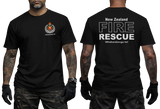 Black cotton t-shirt featuring New Zealand Fire Rescue department badge on the front chest and large FIRE RESCUE typography print on the back.