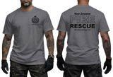 charcoal cotton t-shirt featuring New Zealand Fire Rescue department badge on the front chest and large FIRE RESCUE typography print on the back.