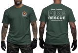 forest green cotton t-shirt featuring New Zealand Fire Rescue department badge on the front chest and large FIRE RESCUE typography print on the back.