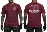 maroon cotton t-shirt featuring New Zealand Fire Rescue department badge on the front chest and large FIRE RESCUE typography print on the back.