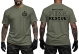 military green cotton t-shirt featuring New Zealand Fire Rescue department badge on the front chest and large FIRE RESCUE typography print on the back.