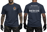 navy cotton t-shirt featuring New Zealand Fire Rescue department badge on the front chest and large FIRE RESCUE typography print on the back.