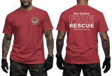 red cotton t-shirt featuring New Zealand Fire Rescue department badge on the front chest and large FIRE RESCUE typography print on the back.
