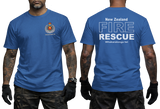 royal blue cotton t-shirt featuring New Zealand Fire Rescue department badge on the front chest and large FIRE RESCUE typography print on the back.