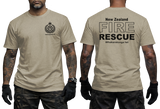 sand cotton t-shirt featuring New Zealand Fire Rescue department badge on the front chest and large FIRE RESCUE typography print on the back.