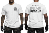 white cotton t-shirt featuring New Zealand Fire Rescue department badge on the front chest and large FIRE RESCUE typography print on the back.