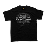 Black Off-World Colonies t-shirt with silver Shimata-Dominguez logo and Japanese Kanji