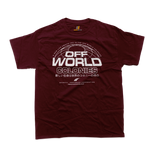 Maroon Off-World Colonies t-shirt, retro 80s sci-fi noir aesthetic with Japanese text.