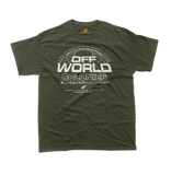 Military Green Off-World Colonies tee, olive drab tactical sci-fi apparel with Kanji.