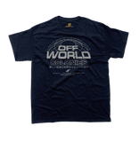 Navy Blue Off-World Colonies sci-fi shirt featuring futuristic globe and corporation branding