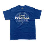 Royal Blue Off-World Colonies shirt, vibrant sci-fi futuristic logo for fans of dystopian noir.