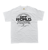 White Off-World Colonies t-shirt with black Shimata-Dominguez Corp minimalist sci-fi design