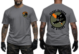 A gray short-sleeve t-shirt shown on a model from the front and back. The front features a small circular 'Special Forces' patch on the left chest, and the back features a large graphic with a black panther and the text 'SCOUT RANGER WE STRIKE' in black, with an orange accent.