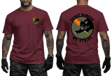 A man modeling a maroon short-sleeve t-shirt, showing both the front and back views. The front features a small circular Scout Ranger logo on the left chest.