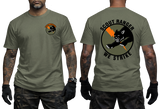 Front and back views of an olive green t-shirt worn by a model. The front features a small circular Scout Ranger logo on the left chest, and the back features a large circular graphic with a black panther and the text 'SCOUT RANGER WE STRIKE' with an orange accent.