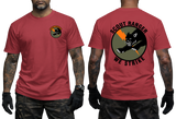 A man modeling a red short-sleeve t-shirt, showing both the front and back views. The front features a small circular 'Special Forces' graphic on the left chest.