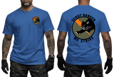 A man modeling a blue short-sleeve T-shirt shown from the front and back. The front has a small circular Scout Ranger logo on the left chest, and the back has a large circular graphic with a black panther and the words 'SCOUT RANGER WE STRIKE' in black, with an orange diagonal accent.