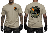 A man modeling a tan short-sleeve t-shirt, showing both the front and back views. The front features a small circular 'Special Forces' patch on the left chest.