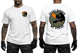 A white short-sleeve t-shirt shown on a model from the front and back. The front features a small circular 'Special Forces' patch on the left chest, while the back displays a large graphic with a black panther and the text 'SCOUT RANGER WE STRIKE' in black, with an orange accent.