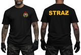 A man modeling a black short-sleeve T-shirt shown from the front and back. The front has a small multicolor chest graphic, and the back has the word "STRAZ" printed in large yellow letters.