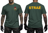 A dark green short-sleeve t-shirt shown on a model from both the front and back. The front features a small multicolor firefighter emblem on the left chest, and the back features the word 'STRAZ' printed in bold yellow letters across the upper back.