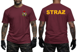 A man modeling a maroon short-sleeve t-shirt, shown from both the front and back. The front features a small colorful firefighter emblem on the left chest, while the back displays the word 'STRAZ' in bold yellow letters.