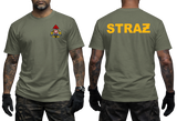 An olive green short-sleeve t-shirt shown on a model from both the front and back. The front features a small firefighter emblem on the left chest, while the back displays the word 'STRAZ' in bold yellow letters.