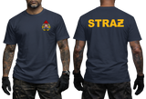 A man modeling a navy blue t-shirt, showing both front and back views. The front features a small yellow and red fire department crest on the left chest.