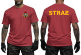 A red short-sleeve t-shirt shown on a model from both the front and back. The front features a small circular graphic on the left chest, and the back features the word 'STRAZ' printed in bold yellow letters across the upper back.