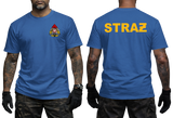 A man modeling a royal blue t-shirt, showing both the front and back views. The front features a small firefighter emblem on the left chest, while the back displays the word 'STRAZ' in bold yellow letters.