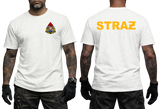 A man modeling a white short-sleeve T-shirt shown from the front and back. The front has a small multicolor firefighter-style crest on the left chest, and the back has the word "STRAZ" printed in large yellow letters.