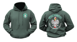 Polish Border Guard Hoodie in dark green featuring the Straż Graniczna emblem on the front and a large Polish Border Guard eagle graphic on the back