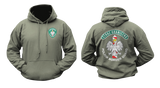 Polish Border Guard Hoodie in military green featuring the Straż Graniczna emblem on the front and a large Polish Border Guard eagle graphic on the back