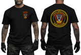 Black graphic t-shirt featuring 1 Pułk Specjalny Komandosów JWK unit insignia on chest and back