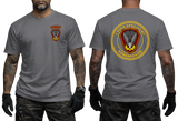 charcoal graphic t-shirt featuring 1 Pułk Specjalny Komandosów JWK unit insignia on chest and back