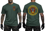 forest green graphic t-shirt featuring 1 Pułk Specjalny Komandosów JWK unit insignia on chest and back