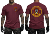 maroon graphic t-shirt featuring 1 Pułk Specjalny Komandosów JWK unit insignia on chest and back