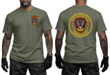 military green graphic t-shirt featuring 1 Pułk Specjalny Komandosów JWK unit insignia on chest and back
