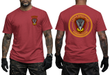 red graphic t-shirt featuring 1 Pułk Specjalny Komandosów JWK unit insignia on chest and back