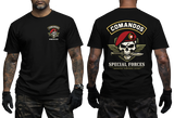Portugal Comandos Special Forces T-Shirt featuring front unit emblem and back red beret skull graphic print in black color option.