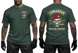 Portugal Comandos Special Forces T-Shirt featuring front unit emblem and back red beret skull graphic print in green color option.