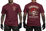 Portugal Comandos Special Forces T-Shirt featuring front unit emblem and back red beret skull graphic print in maroo color option.
